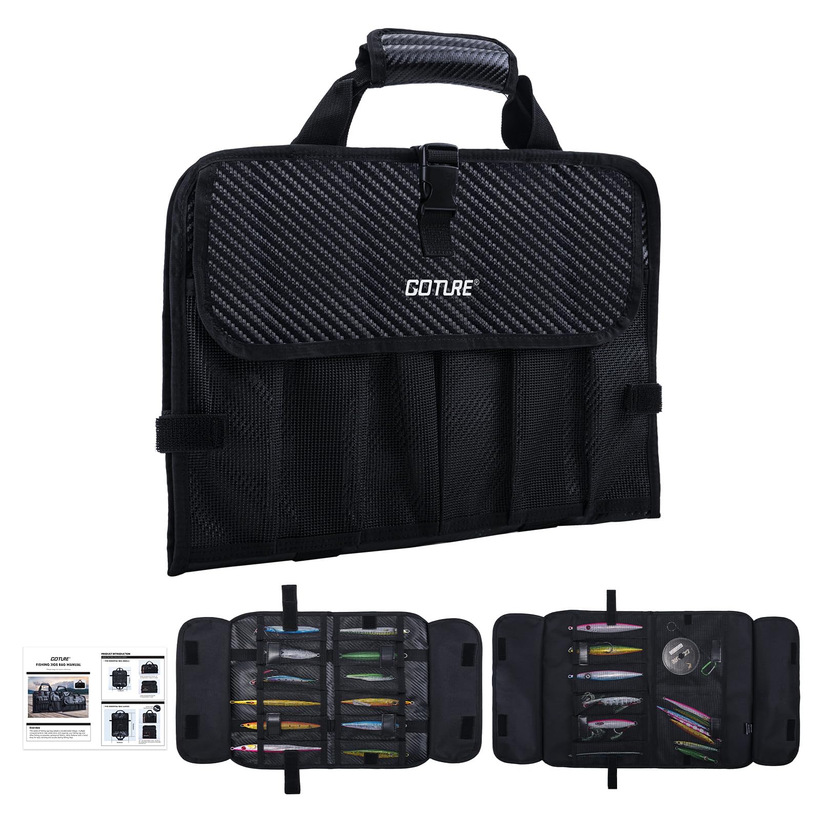 Goture Jig Bag water-resistant exterior protects tackle on boat trips.