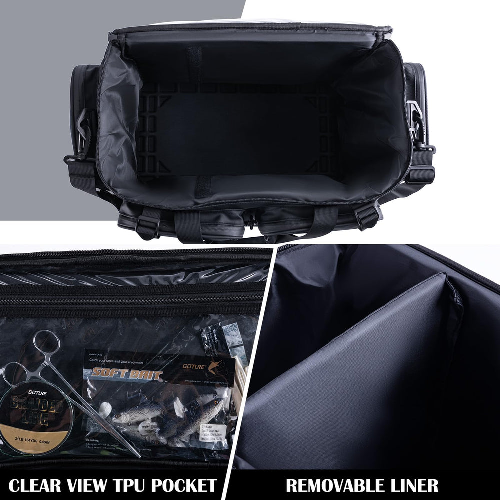 Goture large tackle bag EVA-bottom adds waterproof protection on damp shores.