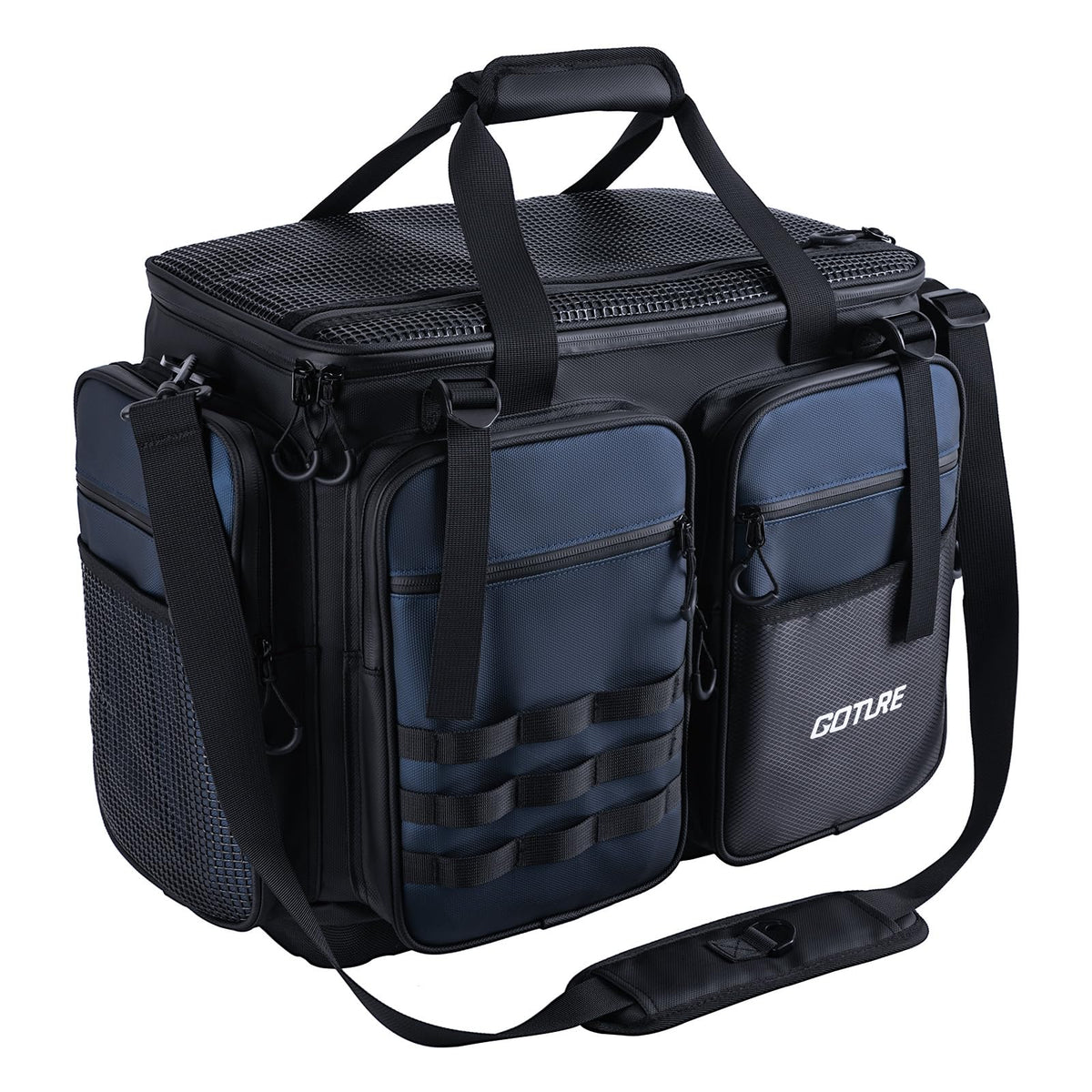 Goture large tackle bag front view shows rugged 1800D fabric for durability.