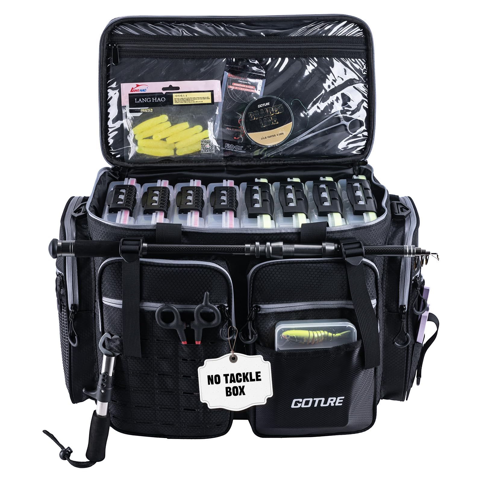 Goture large tackle bag front view highlights rugged 1680D fabric for saltwater durability.