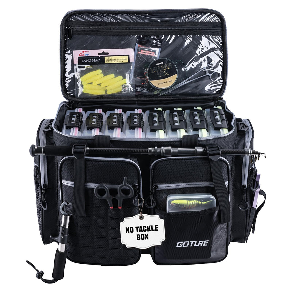 Goture large tackle bag front view highlights rugged 1680D fabric for saltwater durability.