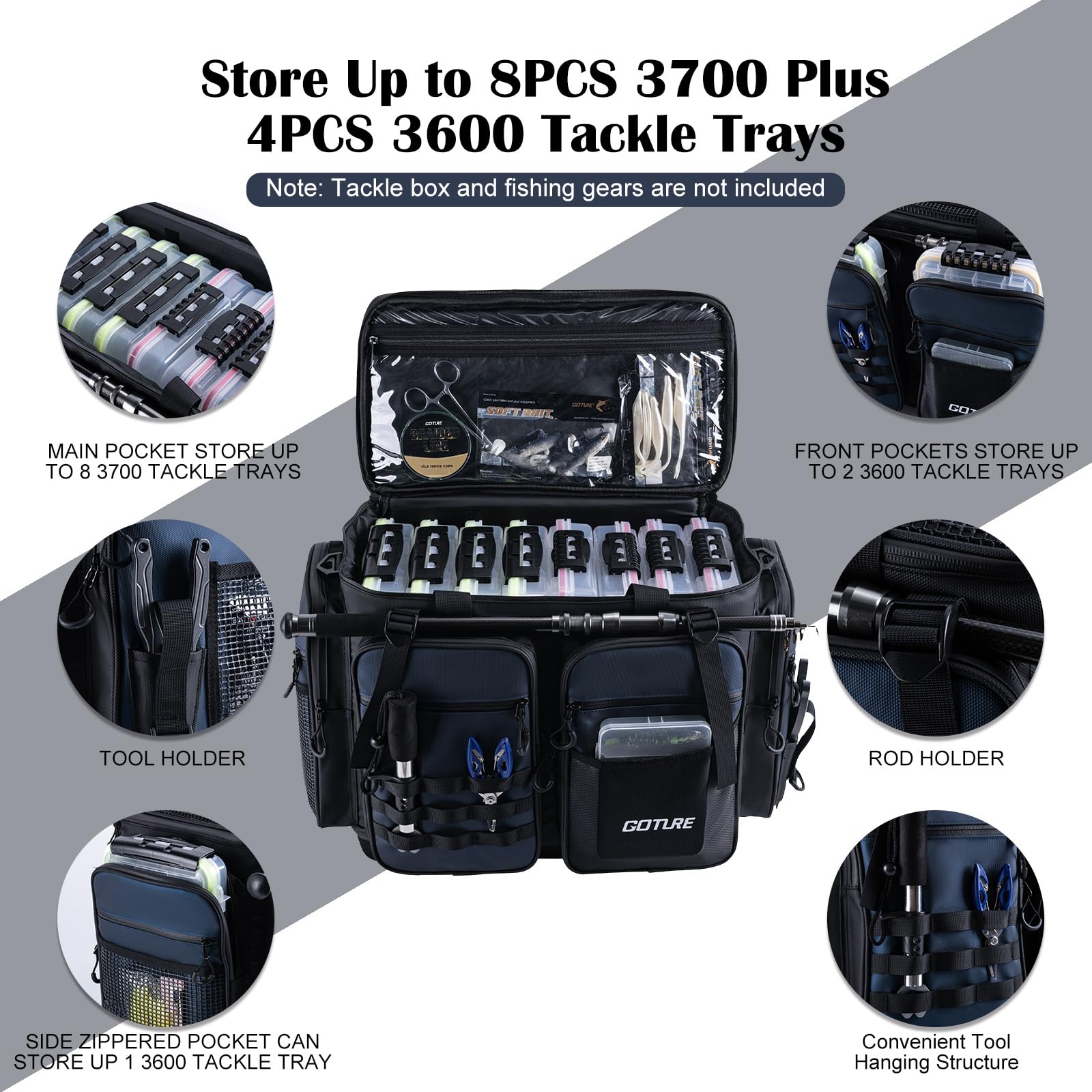 Goture large tackle bag open main compartment with divider for organized gear access.