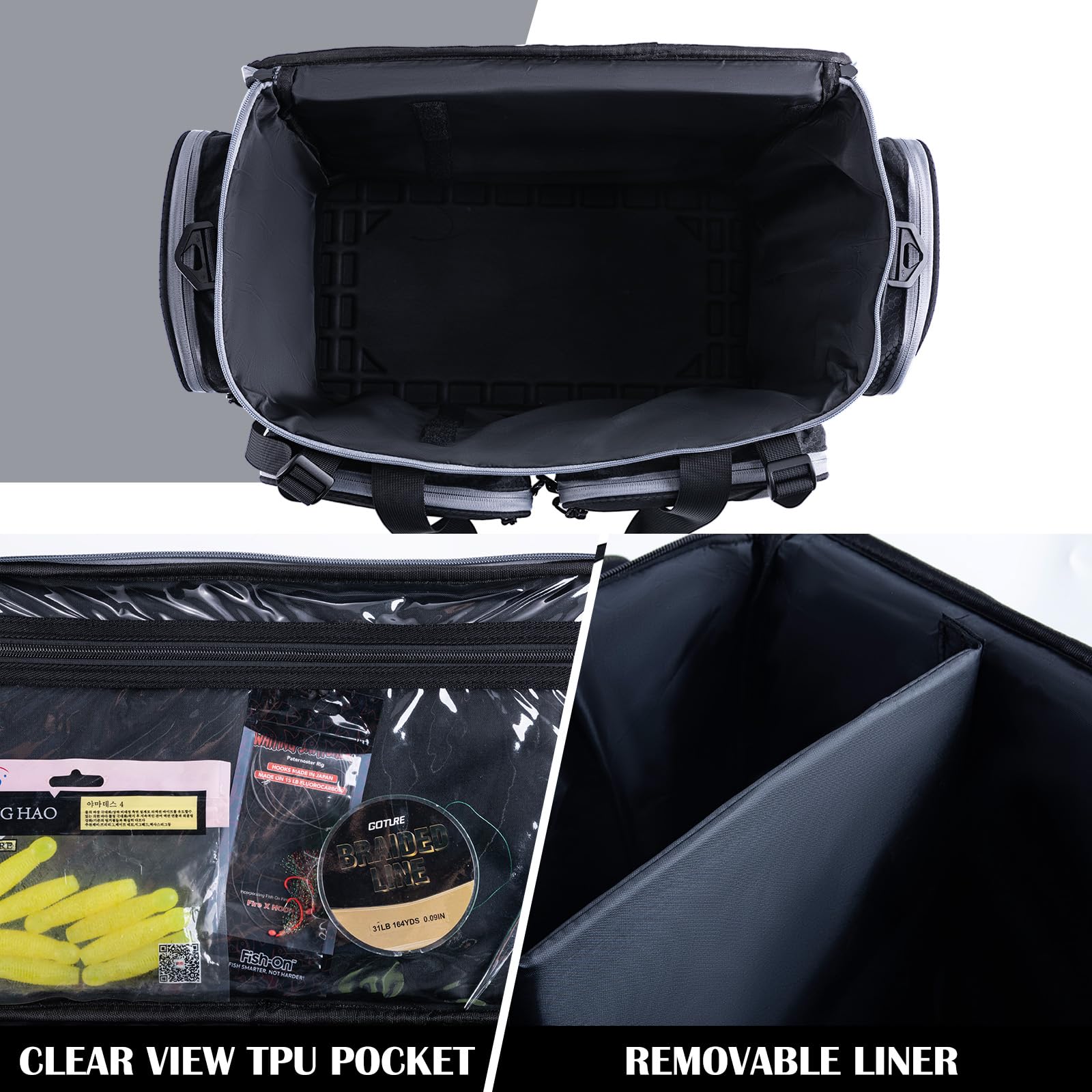 Goture large tackle bag external pockets keep lines and pliers within reach.