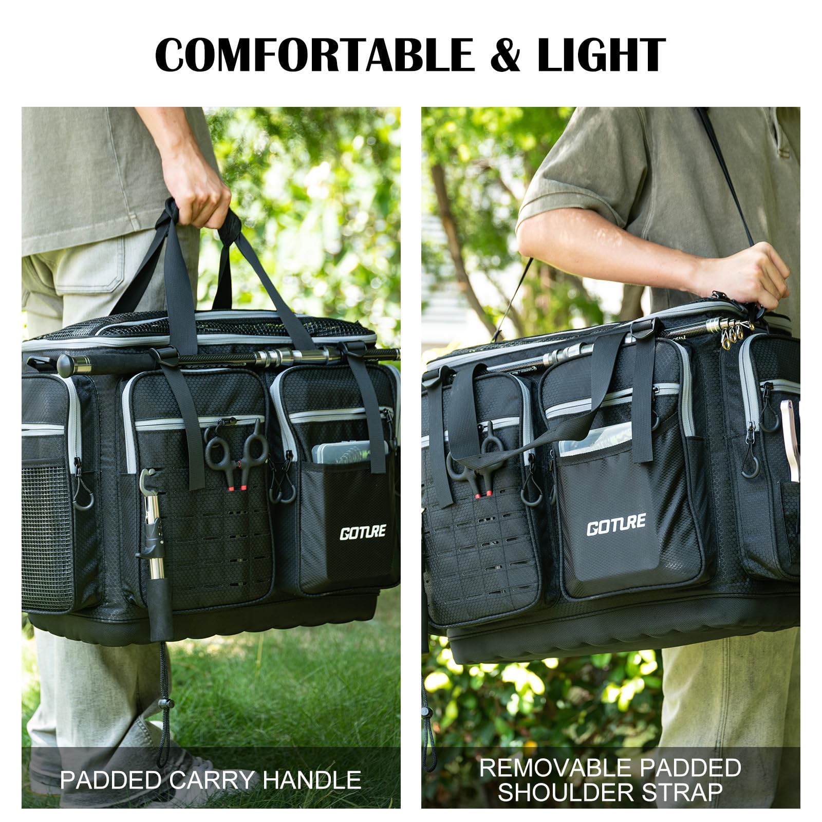 Goture large tackle bag dual handles and strap for comfortable long-haul transport.