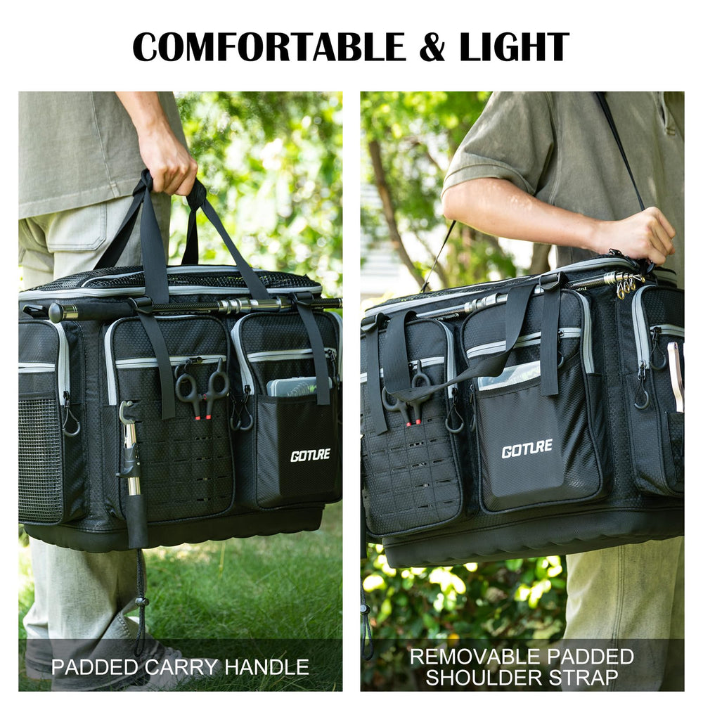 Goture large tackle bag dual handles and strap for comfortable long-haul transport.