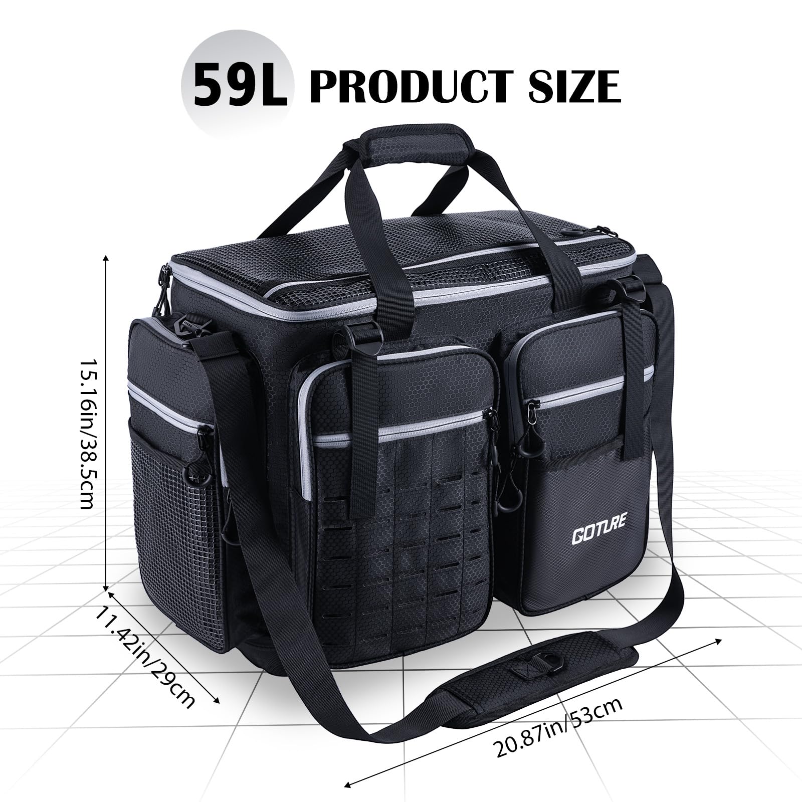 Goture large tackle bag side pocket access enables quick tool reach during trips.