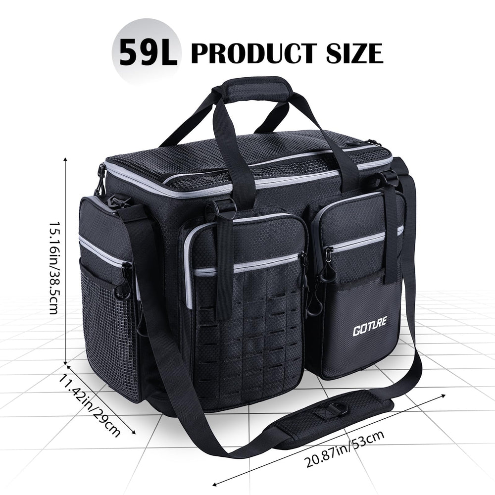 Goture large tackle bag side pocket access enables quick tool reach during trips.