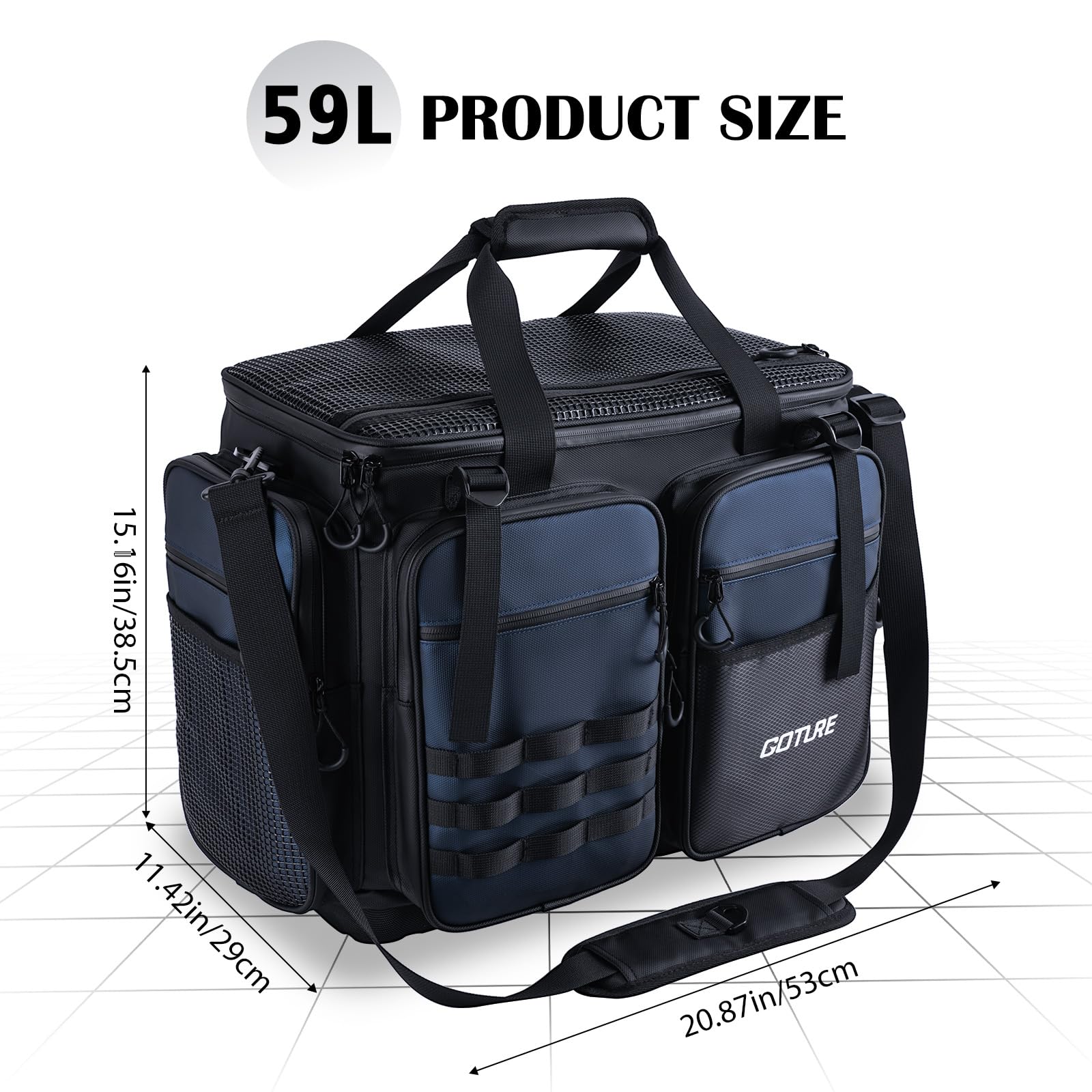 Goture large tackle bag strap and handle for comfortable transport.