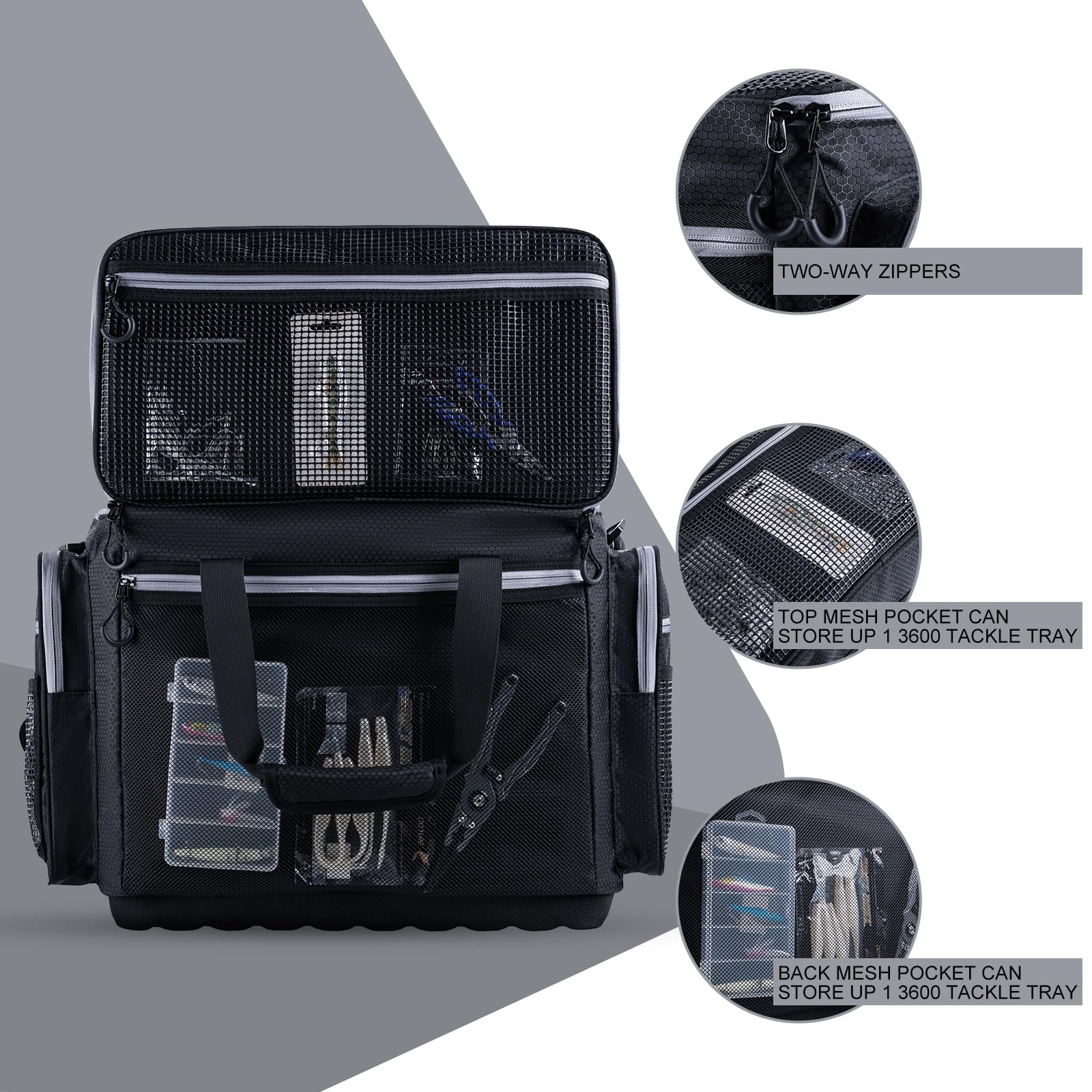 Goture large tackle bag waterproof bottom protects contents on wet decks.
