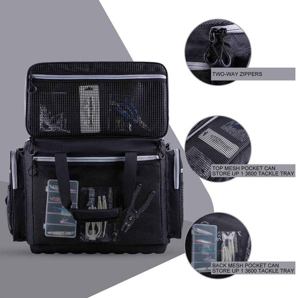 Goture large tackle bag waterproof bottom protects contents on wet decks.