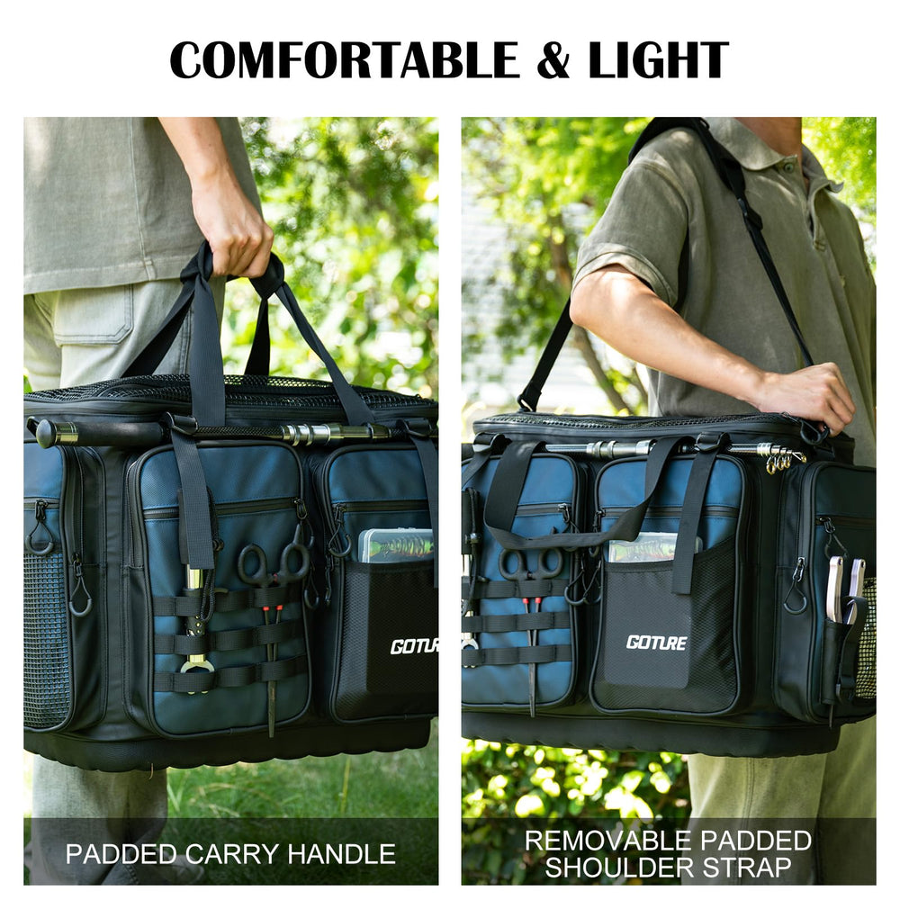 Goture large tackle bag double-ring zippers for quick gear access.