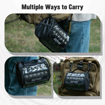 Goture portable leader storage tackle bag with handle and clip for easy transport.
