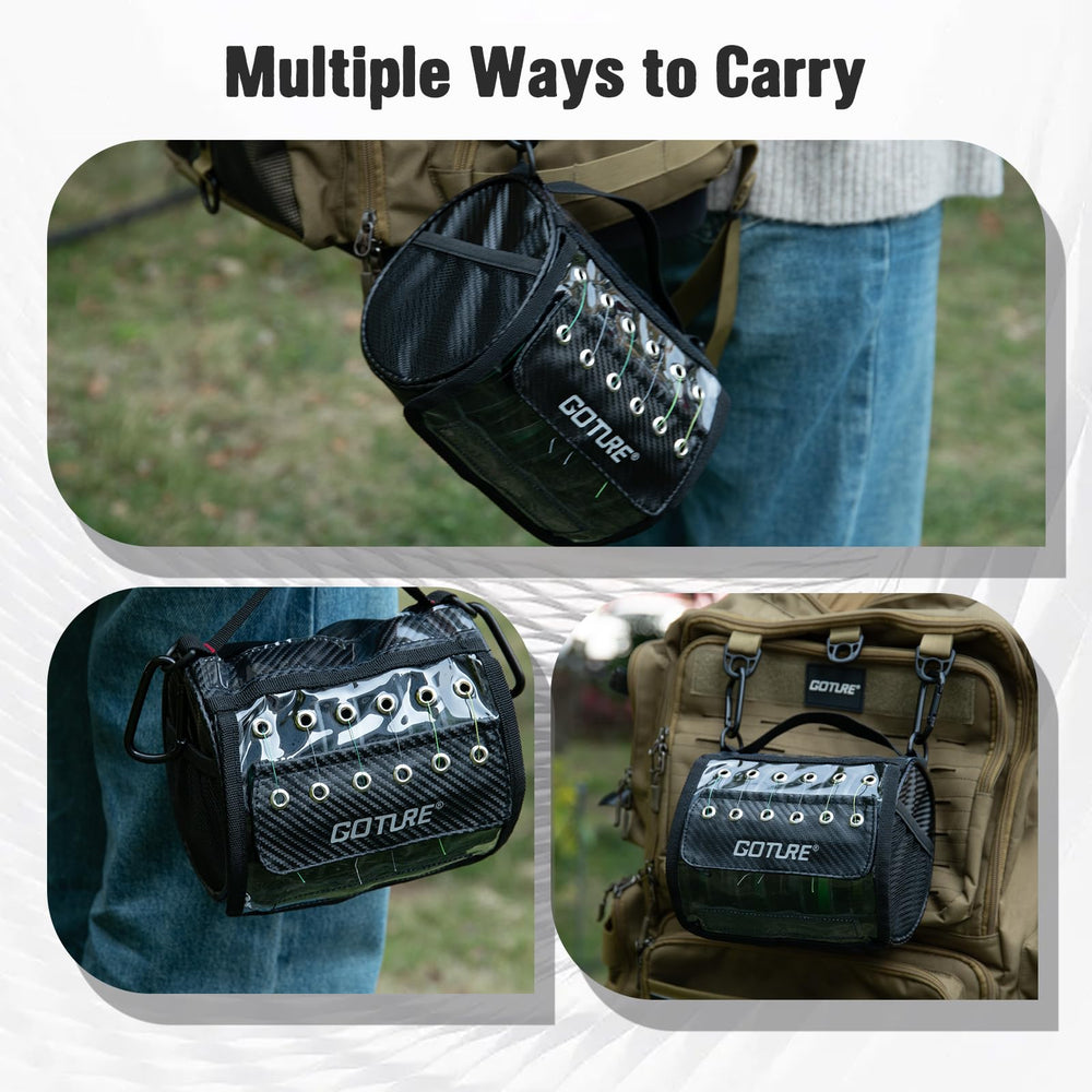 Goture portable leader storage tackle bag with handle and clip for easy transport.