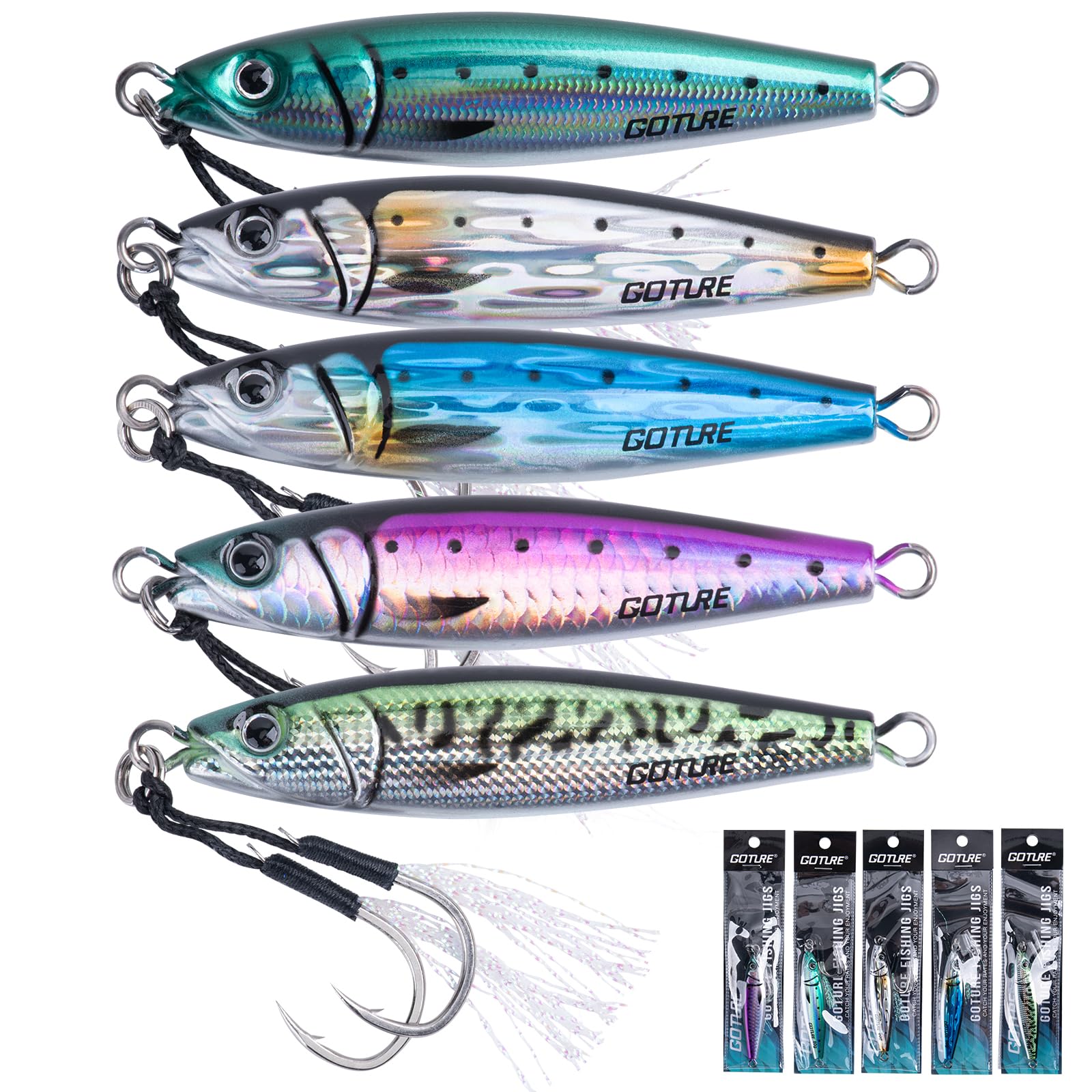 Goture saltwater jig 150g vertical lure for deep casts and visibility.