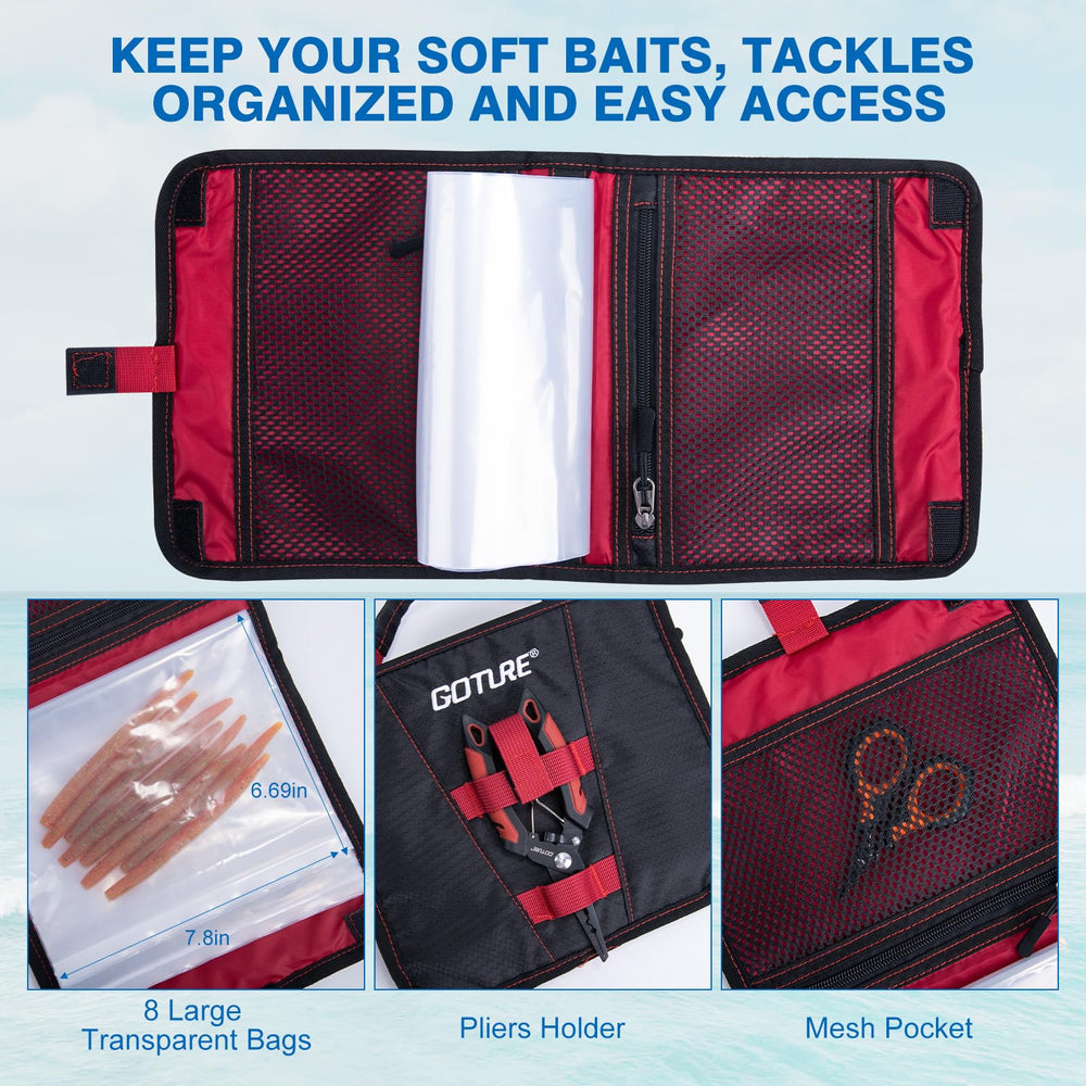 Goture soft bait storage bag with transparent pockets for quick bait selection.