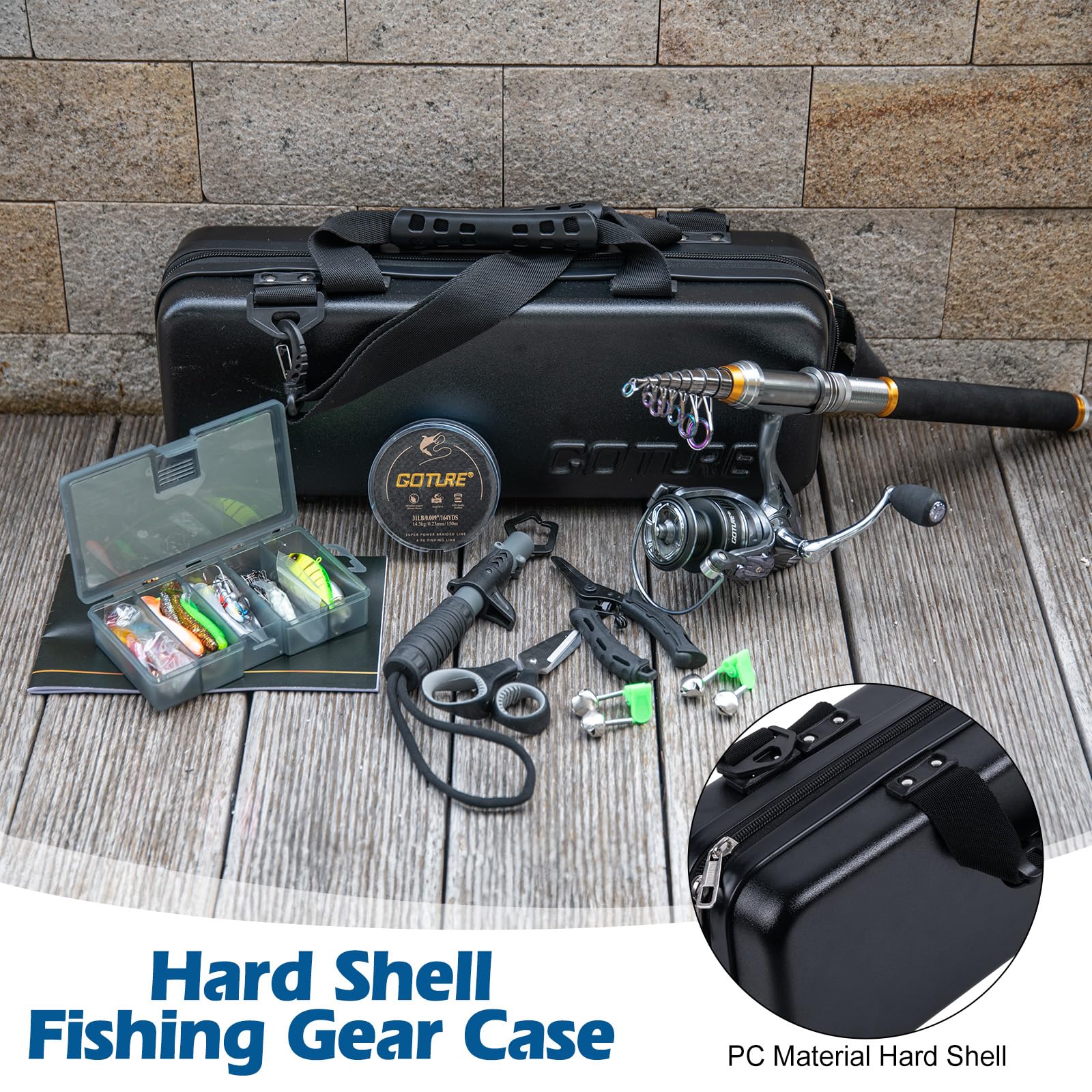 Goture telescopic rod folded compactly for portable storage in case