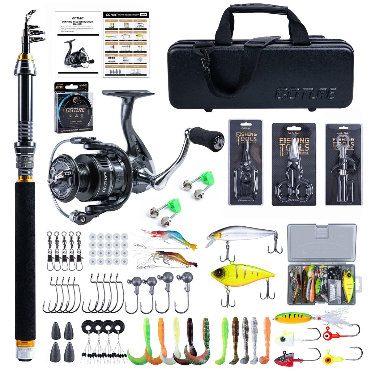 Goture telescopic rod with reel case showing travel-ready setup in protective PC case.