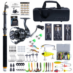 Goture telescopic rod with reel case showing travel-ready setup in protective PC case.