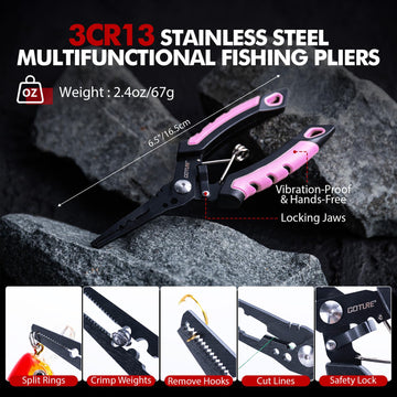 Goture versatile fishing pliers in 3CR13 stainless steel for durable handling.