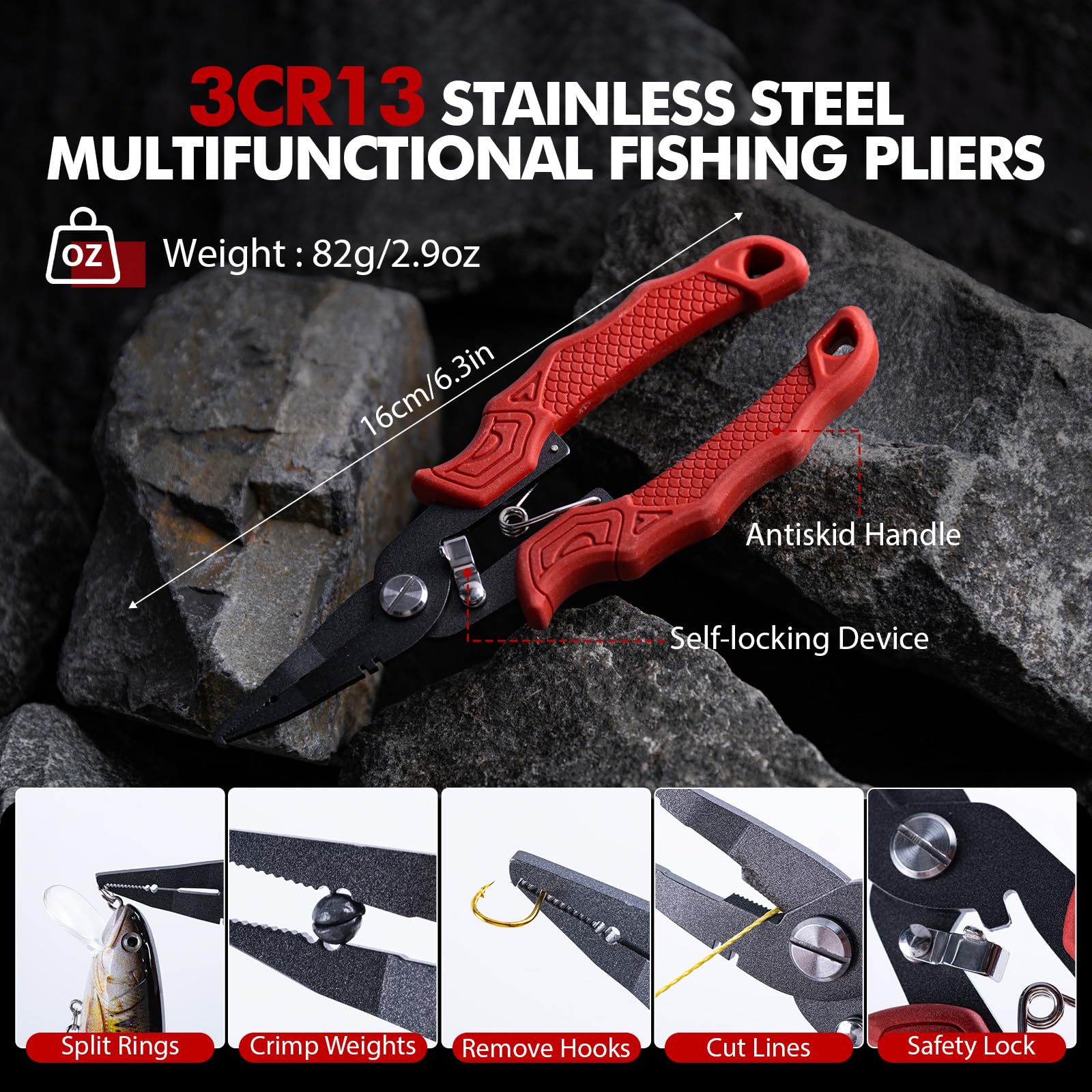 Goture versatile fishing pliers 3cr13 stainless with built-in hook remover and line cutter.