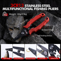 Goture versatile fishing pliers 3cr13 stainless with built-in hook remover and line cutter.