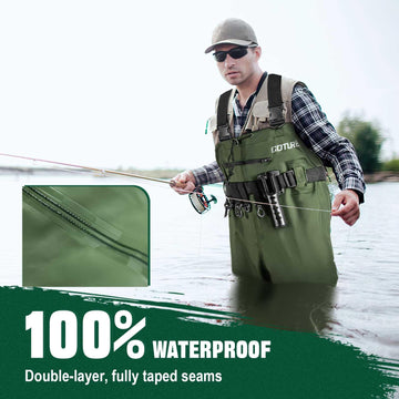 Goture waders anti-slip boots enhance traction on slippery riverbanks for safety.