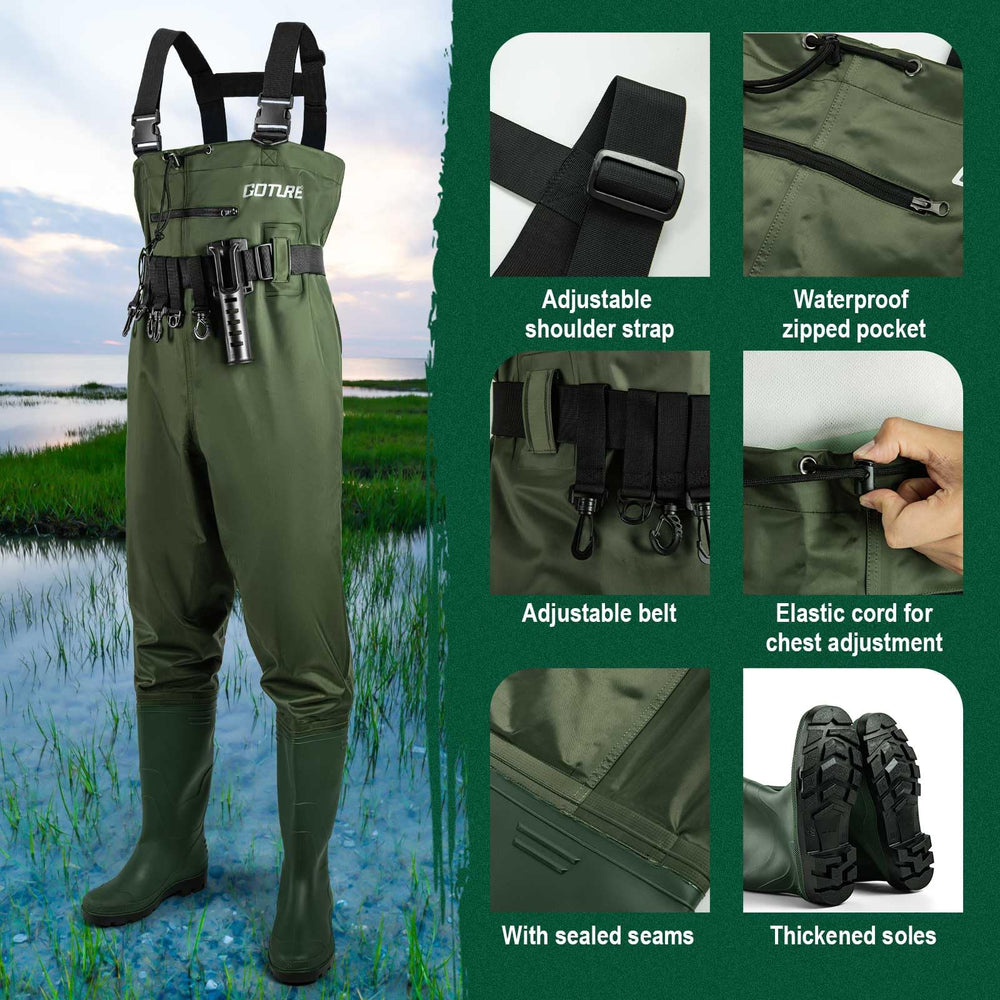 Goture waders chest pocket keeping tackle within reach during fishing sessions.