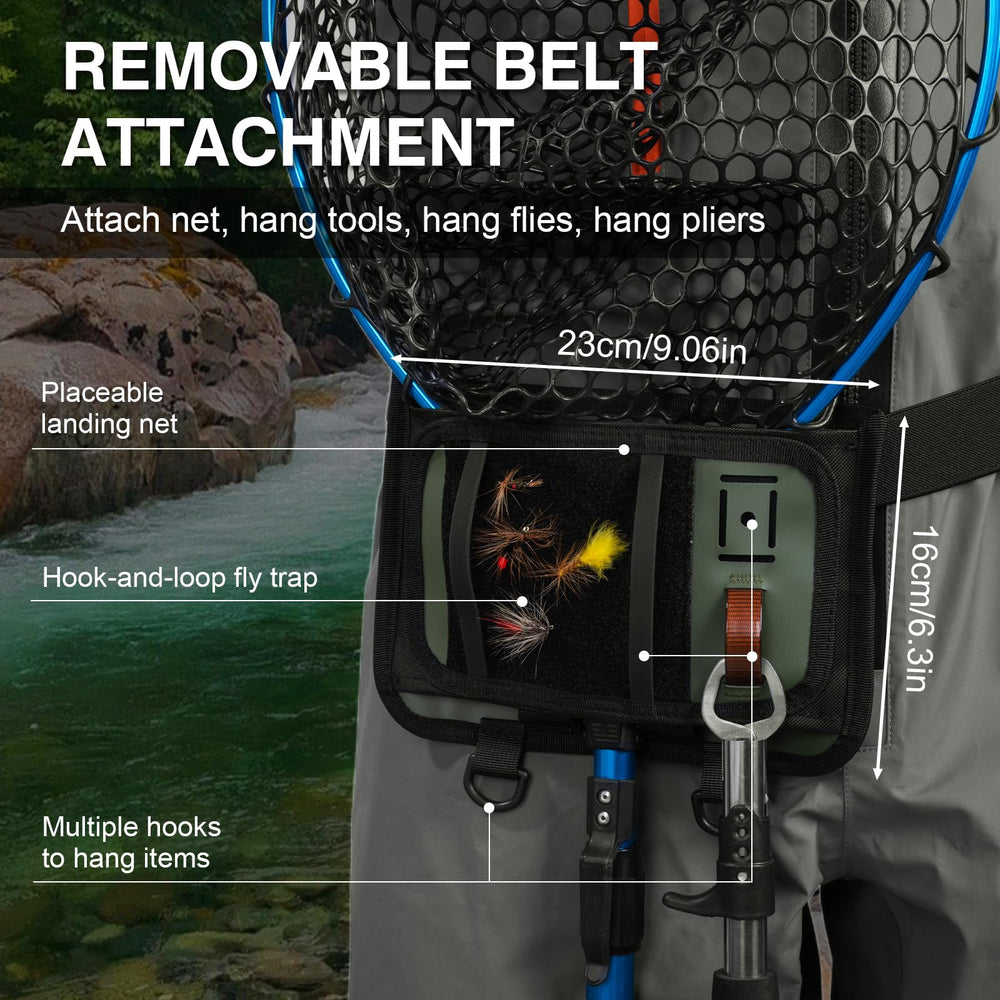 Goture detachable gear belt clips nets and fly boxes for organized trips.