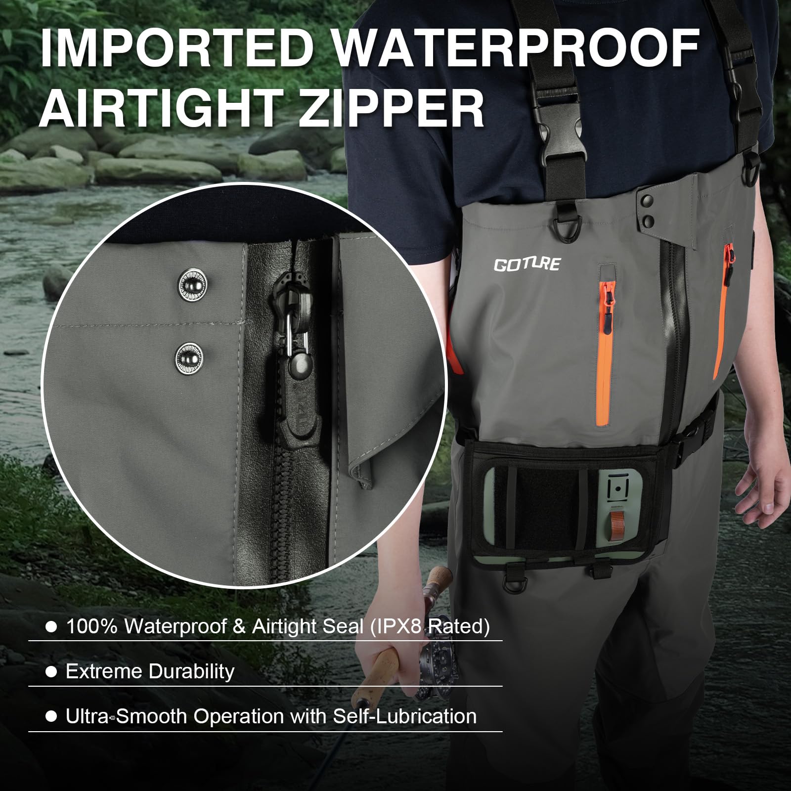 Goture waders with multiple chest pockets for secure tools during long casts.