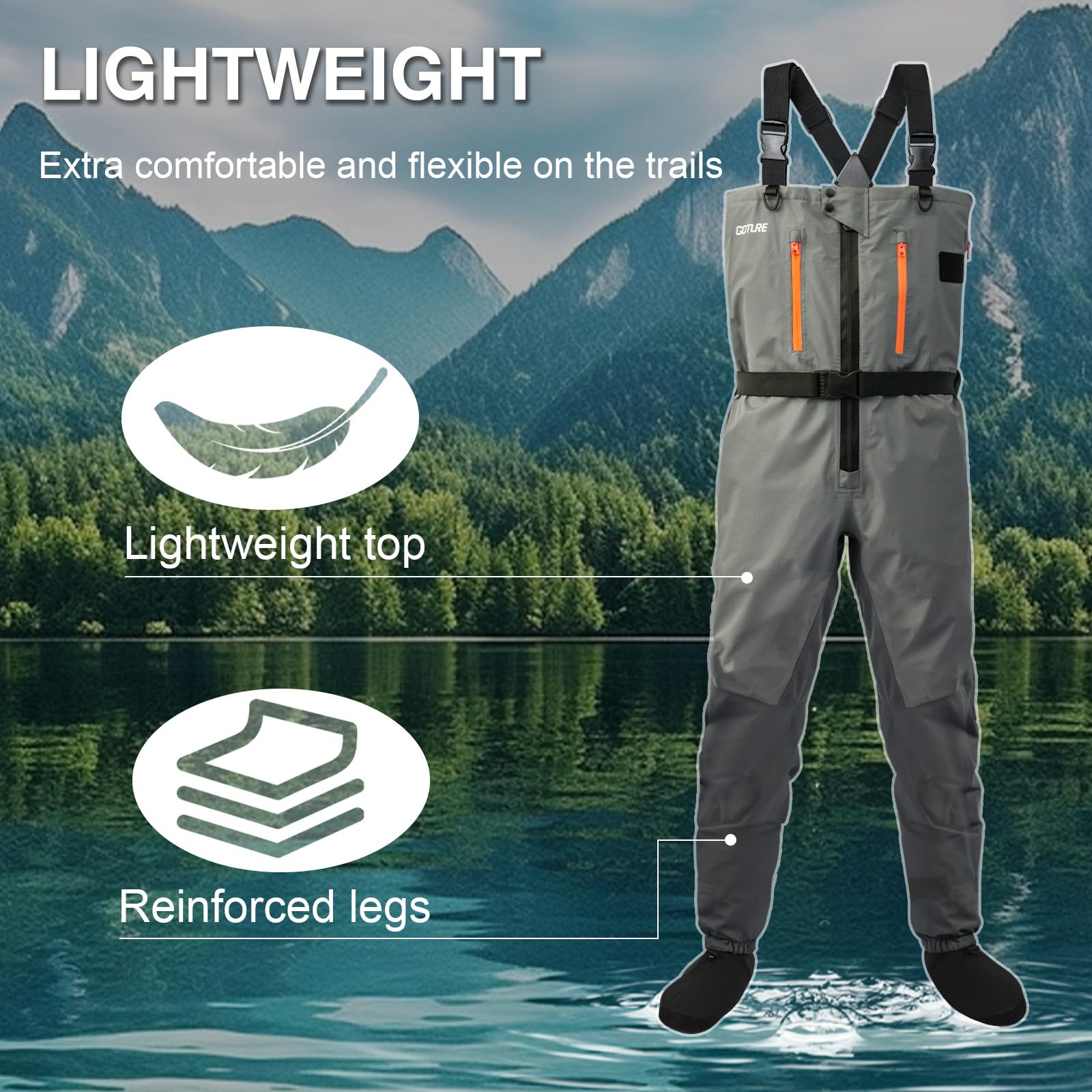 Goture reinforced knees and gravel guards protect against wear on rough riverbeds.