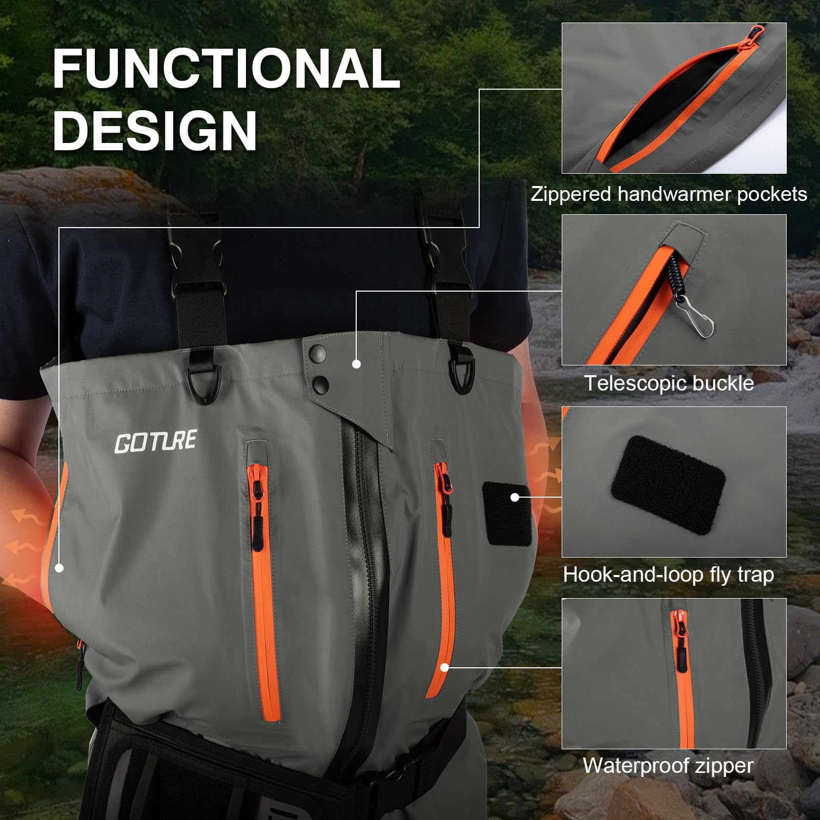 Goture zip-front waders enable quick on/off and adjustable ventilation.