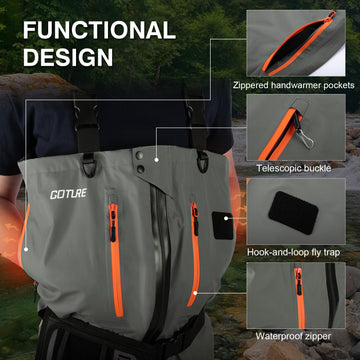 Goture zip-front waders enable quick on/off and adjustable ventilation.