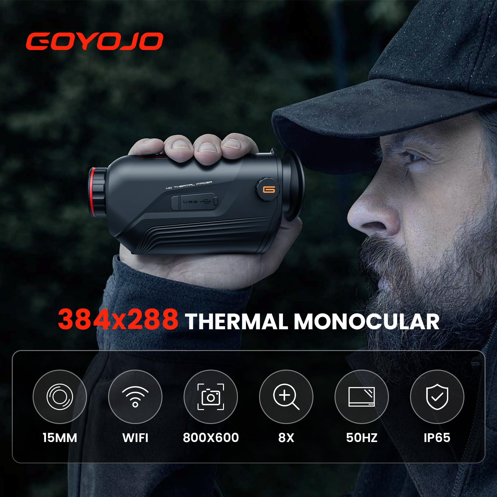 GOYOJO thermal monocular display view demonstrates real-time sharing with phones for teamwork.