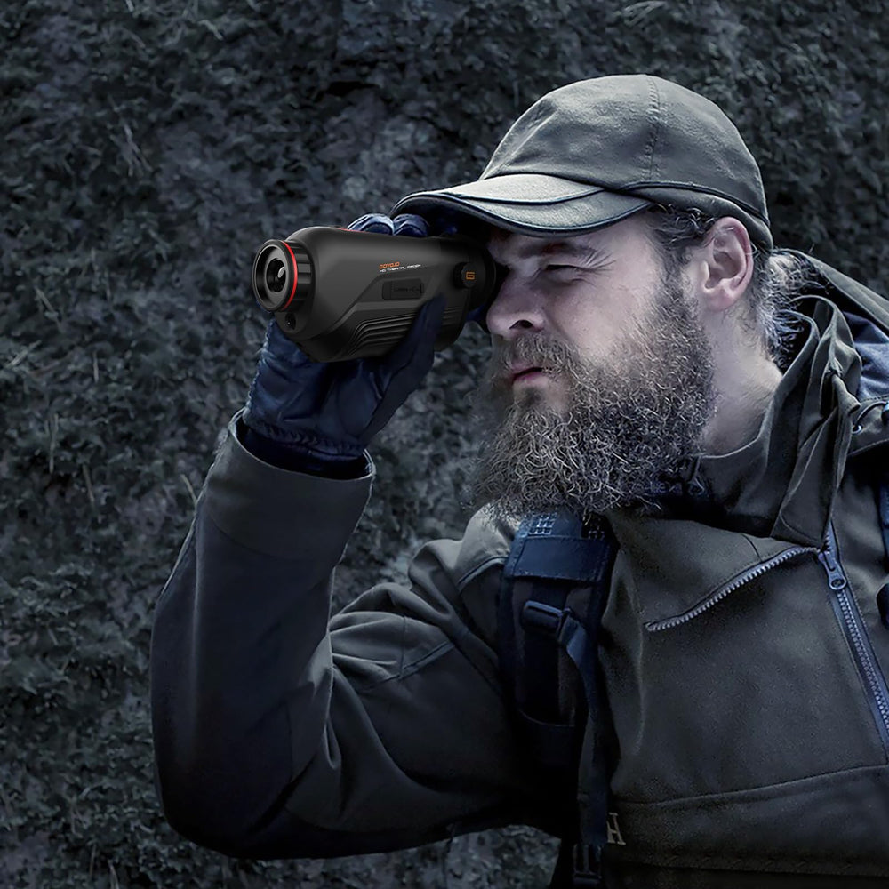 GOYOJO thermal monocular night-vision scene captures clear heat silhouettes.