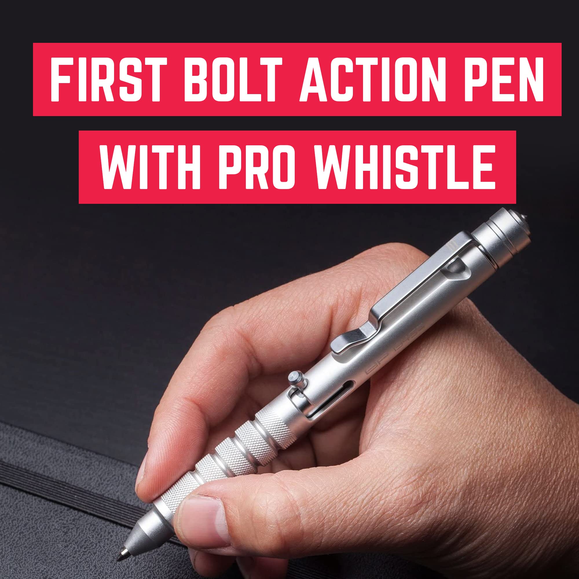 GPCA GP1945 PRO rescue whistle integrated into aluminum body for signaling.