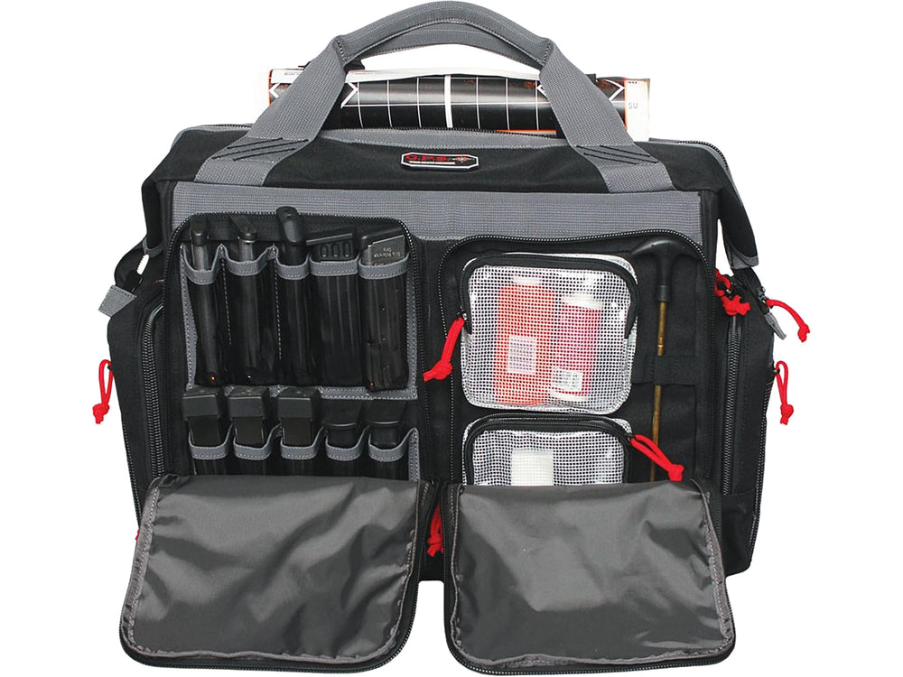 G.P.S. Rolling Range Bag with telescoping handle enables easy transportation between ranges.