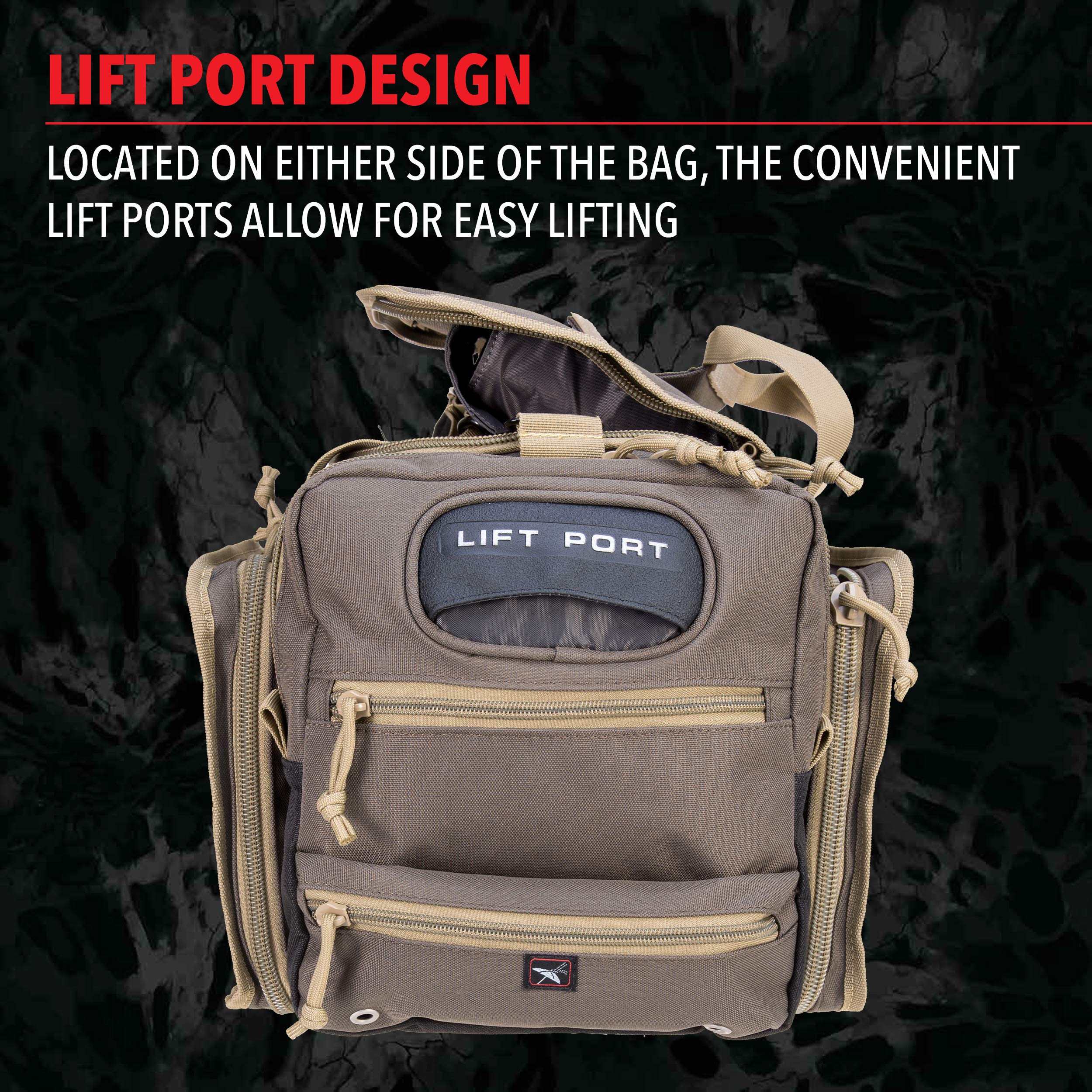 Front pocket with seven clear tubes on the olive GPS bag