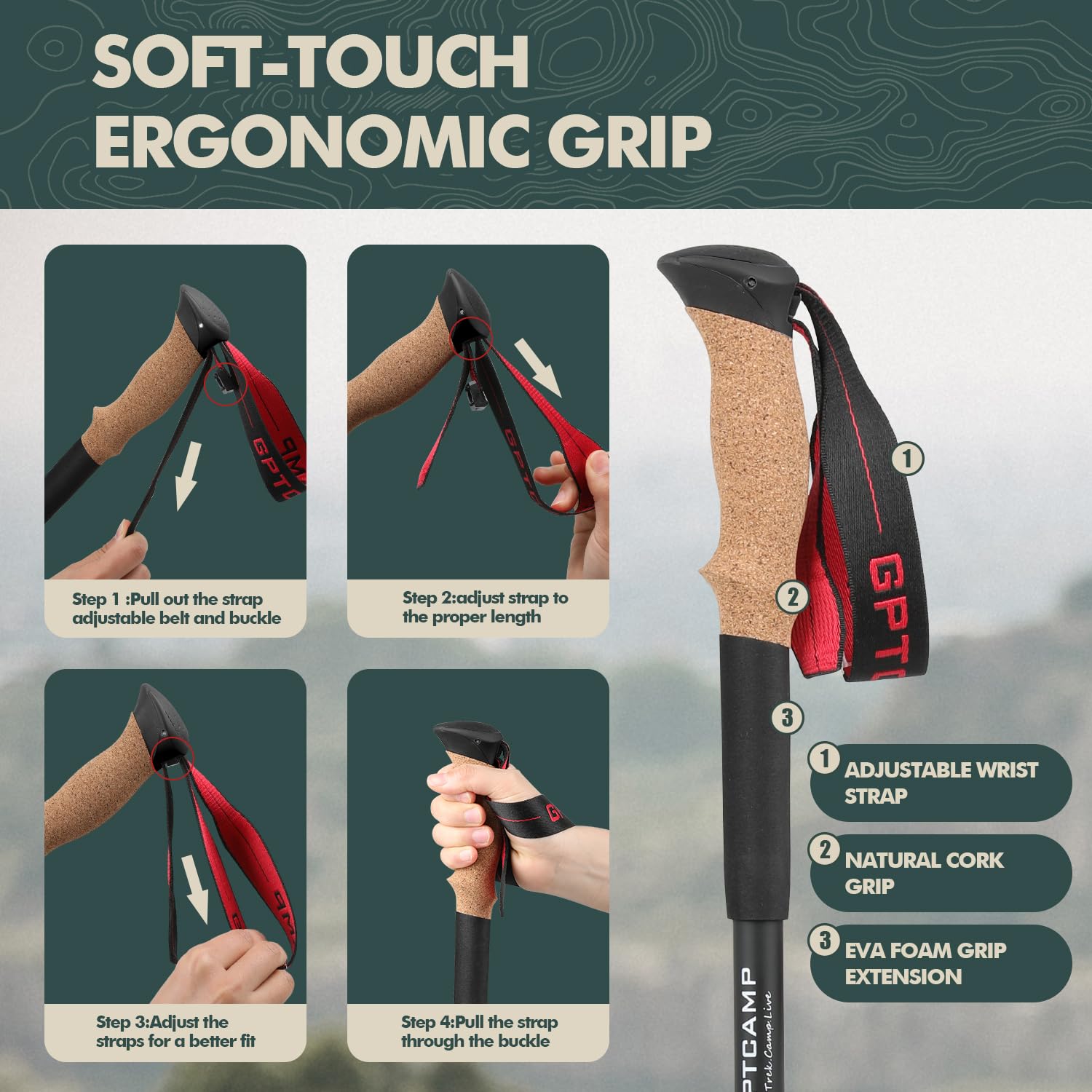 GPTCAMP walking sticks weigh 10.82 oz per pole for effortless hiking.