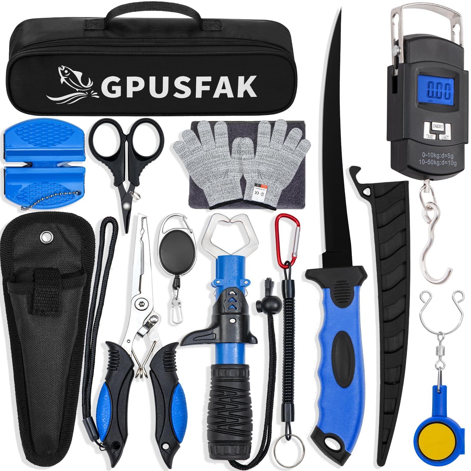 GPUSFAK fishing tool kit 12 pieces showcased in a compact setup for on-the-go anglers.