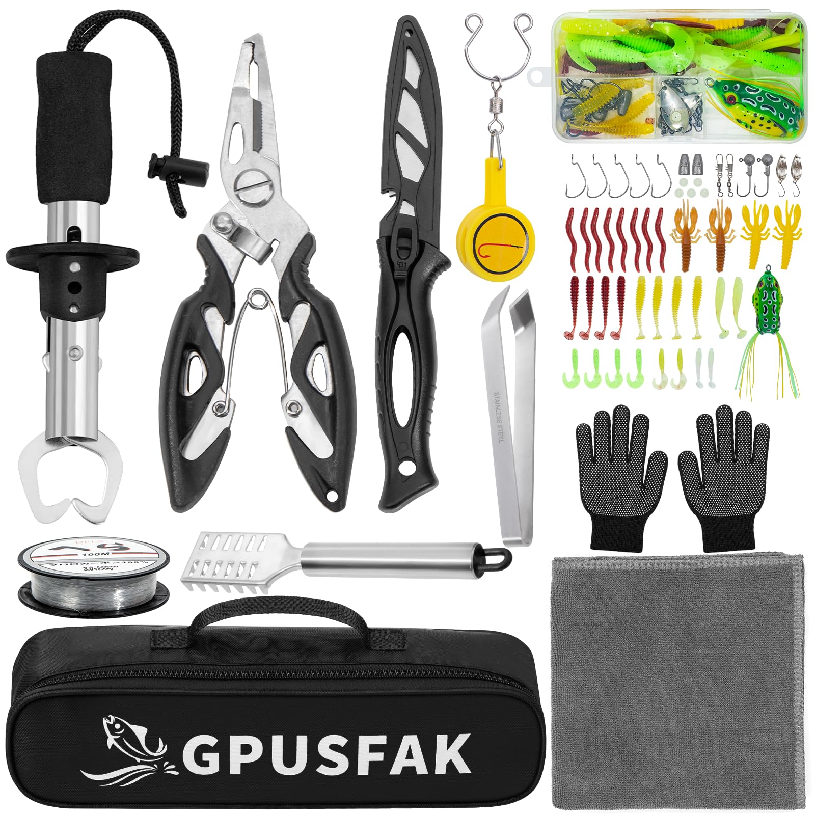 GPUSFAK 10-piece fishing tool kit with pliers and lip gripper