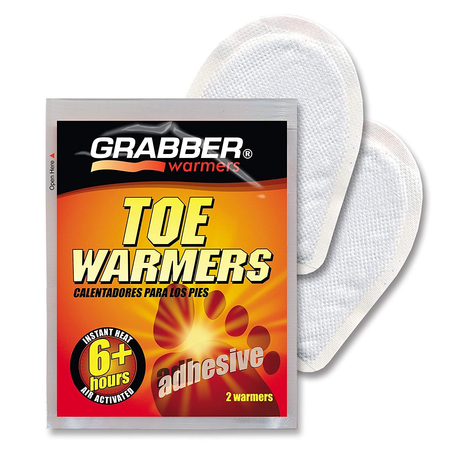 Grabber Toe Warmers open package shows odorless, air-activated heat starts within minutes.