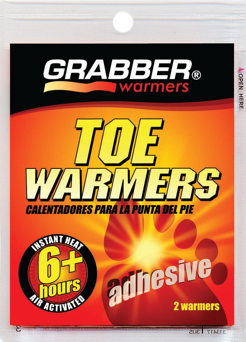 Packaging dimensions for Grabber toe warmers 8 pack indicating compact storage.