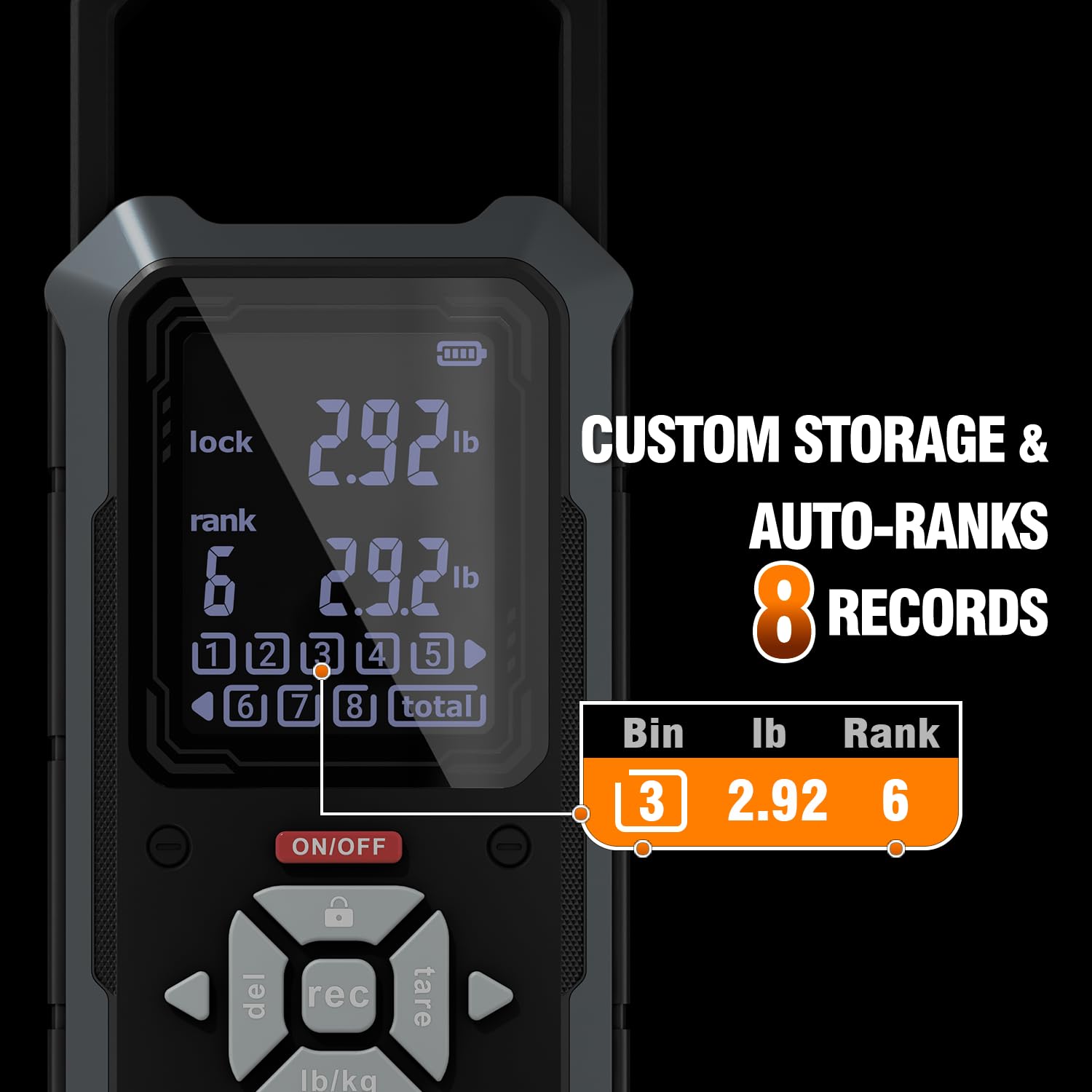 Tournament-grade fishing scale displaying eight ranked storage slots