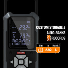 Tournament-grade fishing scale displaying eight ranked storage slots