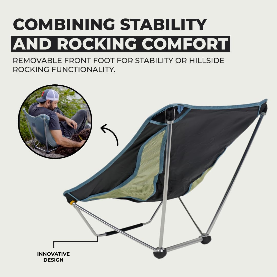 Grand Trunk Mayfly Low Profile Chair in reclined position for casual camping lounging