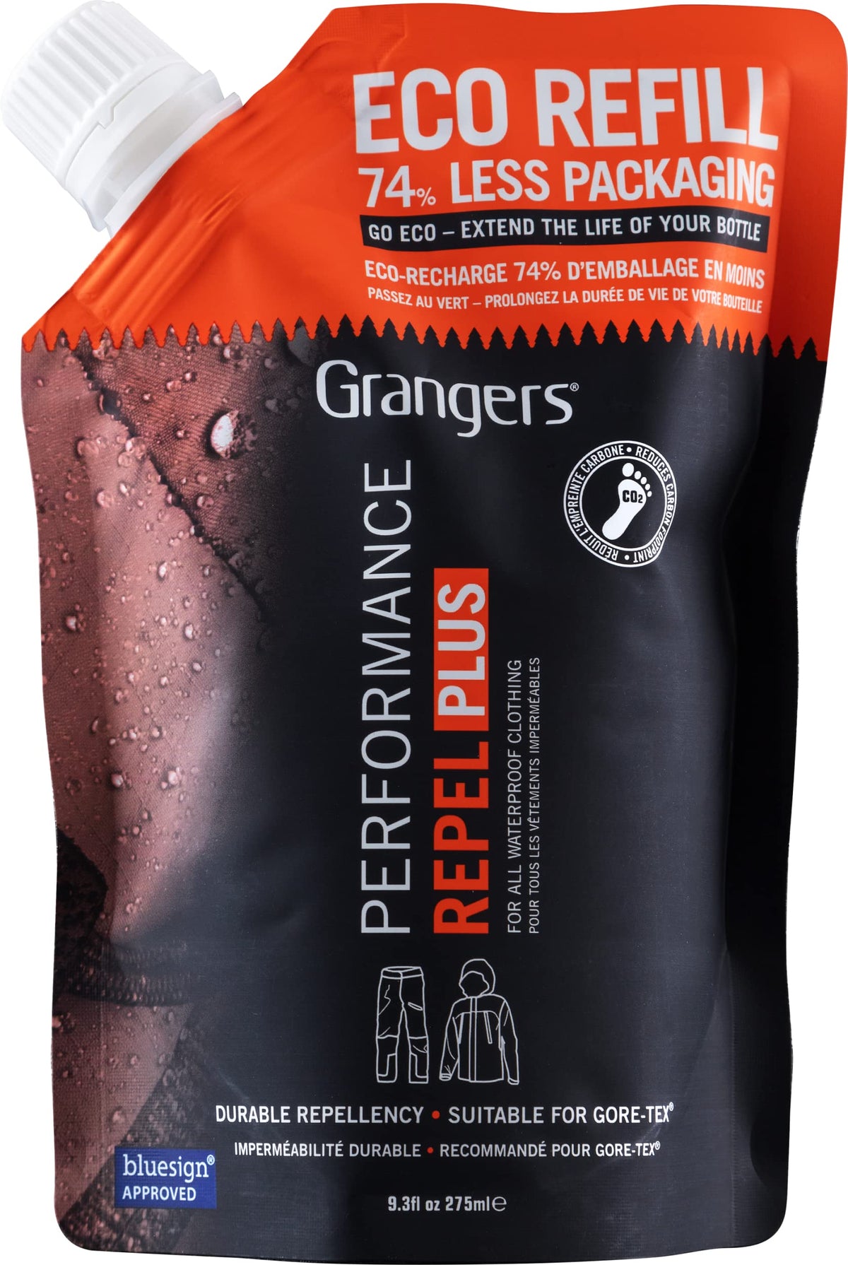 Granger's Performance Repel Plus bottle with spray nozzle for easy waterproofing renewal.
