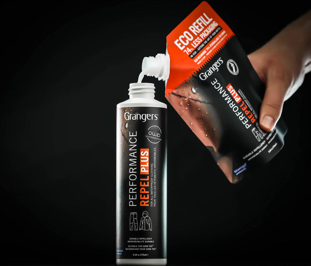 Granger's Performance Repel Plus spray on jacket demonstrating renewed water repellency.