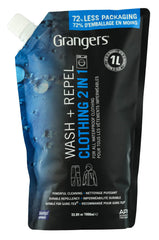 Granger's Wash + Repel bottle pour showing easy two-in-one cleaning and waterproofing.