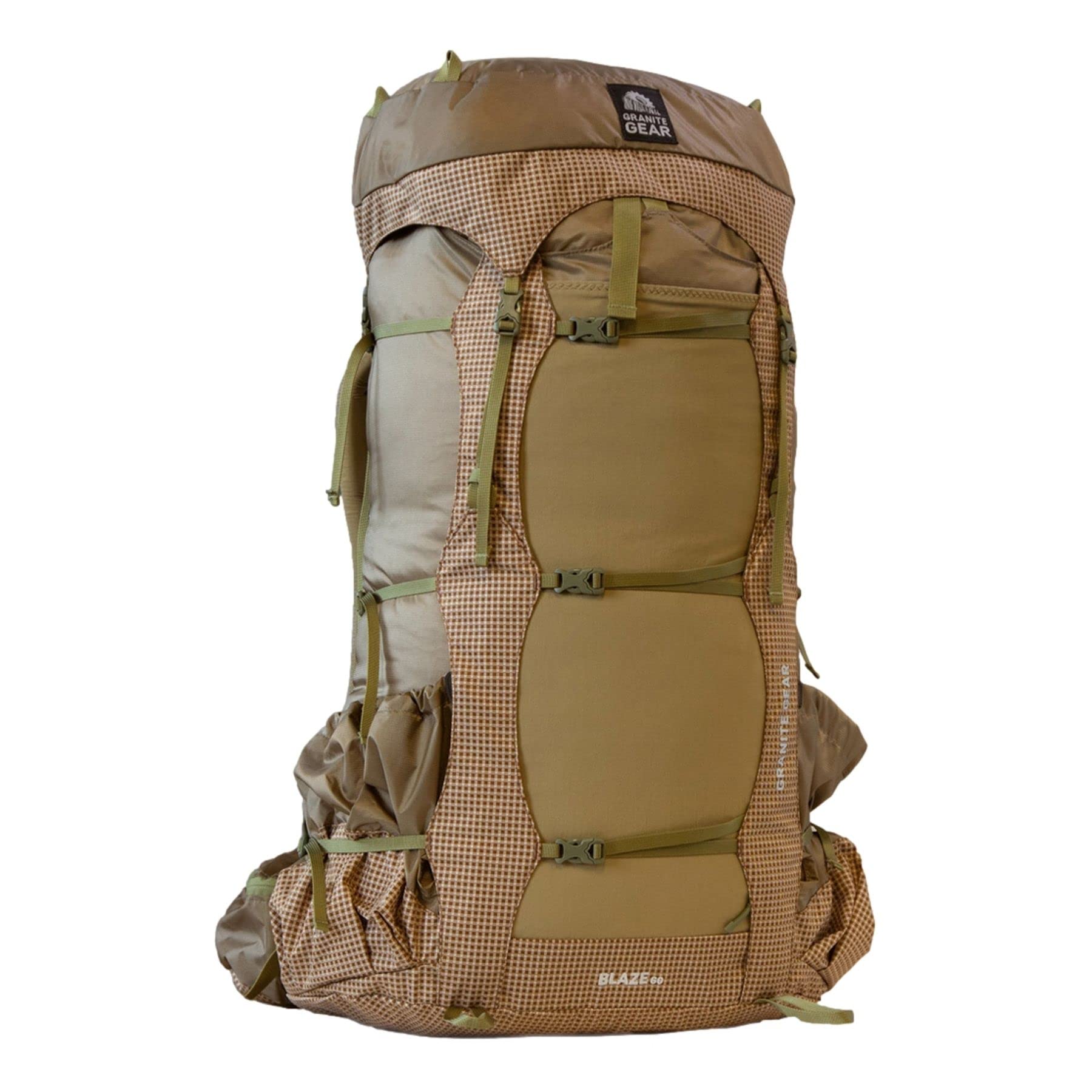 Granite Gear Blaze 60L front view shows sturdy frame for heavy loads on treks