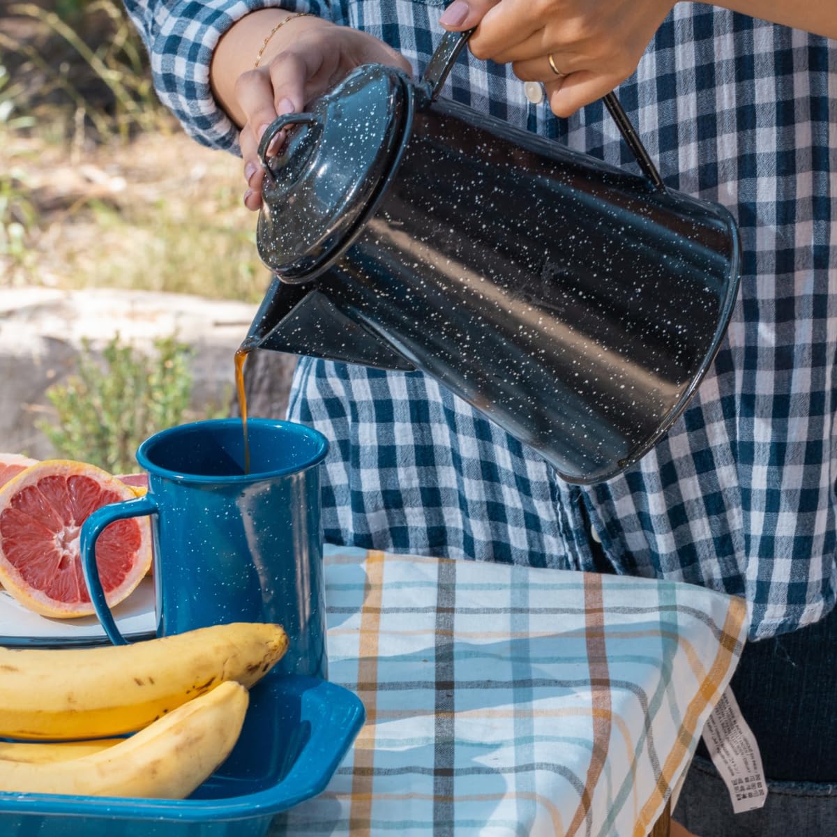 Granite Ware coffee boiler with easy-grip handle for smooth pouring